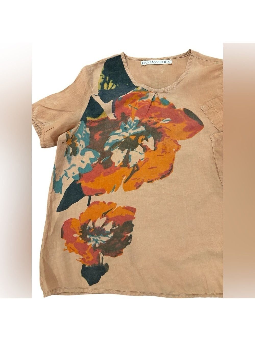 90s LINEN FLORAL OVERSIZED SCOOP NECK TOP W SHORT SLEEVE BOLD TROPICAL PRINT XL - Picture 3 of 6